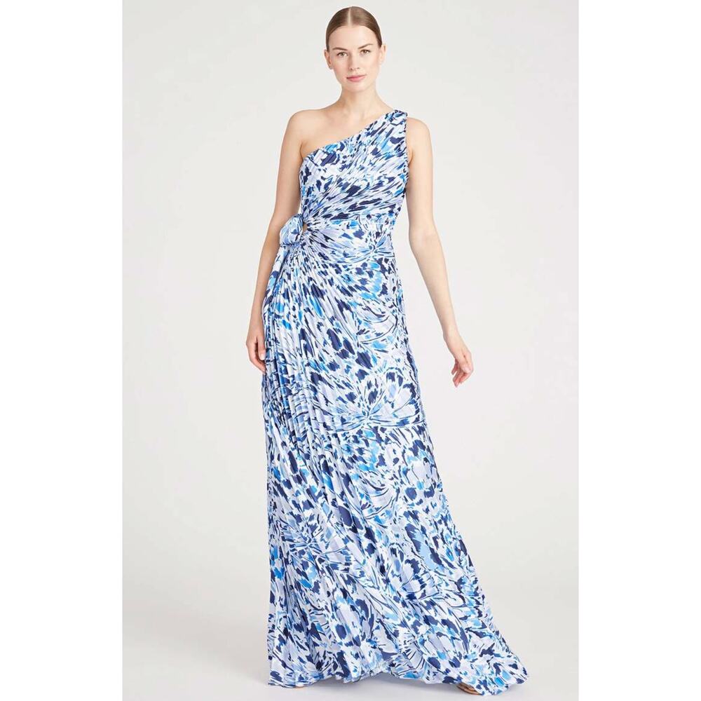 B44 Monique Lhuillier Pleated One Shoulder Maxi Dress‎ 2 Floral Wedding Gala